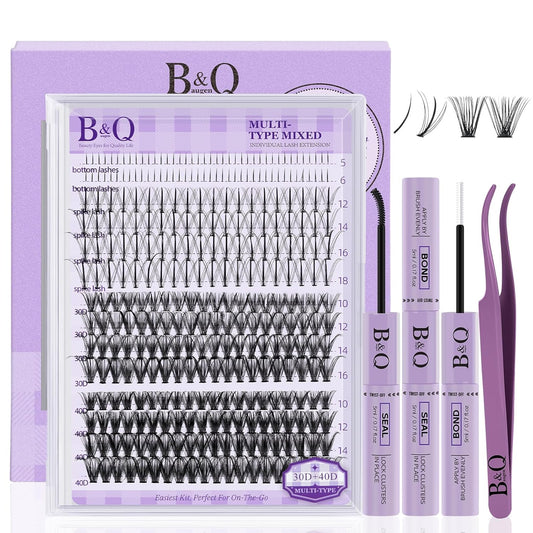 B&Q Lash Extension Kit with Spikes 30D+40D Lash Clusters Kit with Spikes Multi-Type 10-16 Mixed Eyelash Extension Kit with Bottom Lashes, 7D Spike Fans, Individual Lashes, Lash Tweezer(spike-30D+40D)