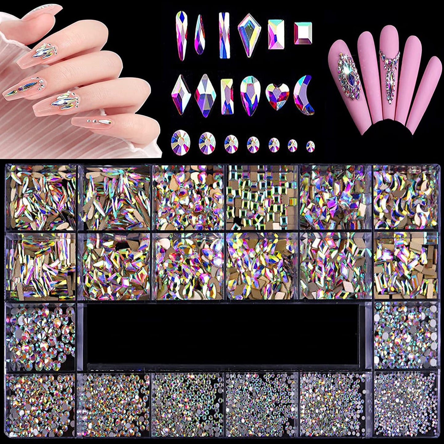 3100Pcs AB Crystal Nail Rhinestones, HOINCO Mix 20 Styles Flatback Rhinestone, 12 Types of 600 Diamonds + 2500 Round Beads, Crystals 3D Flat Back Gemstones for Nail DIY Crafts with Tweezers Pen
