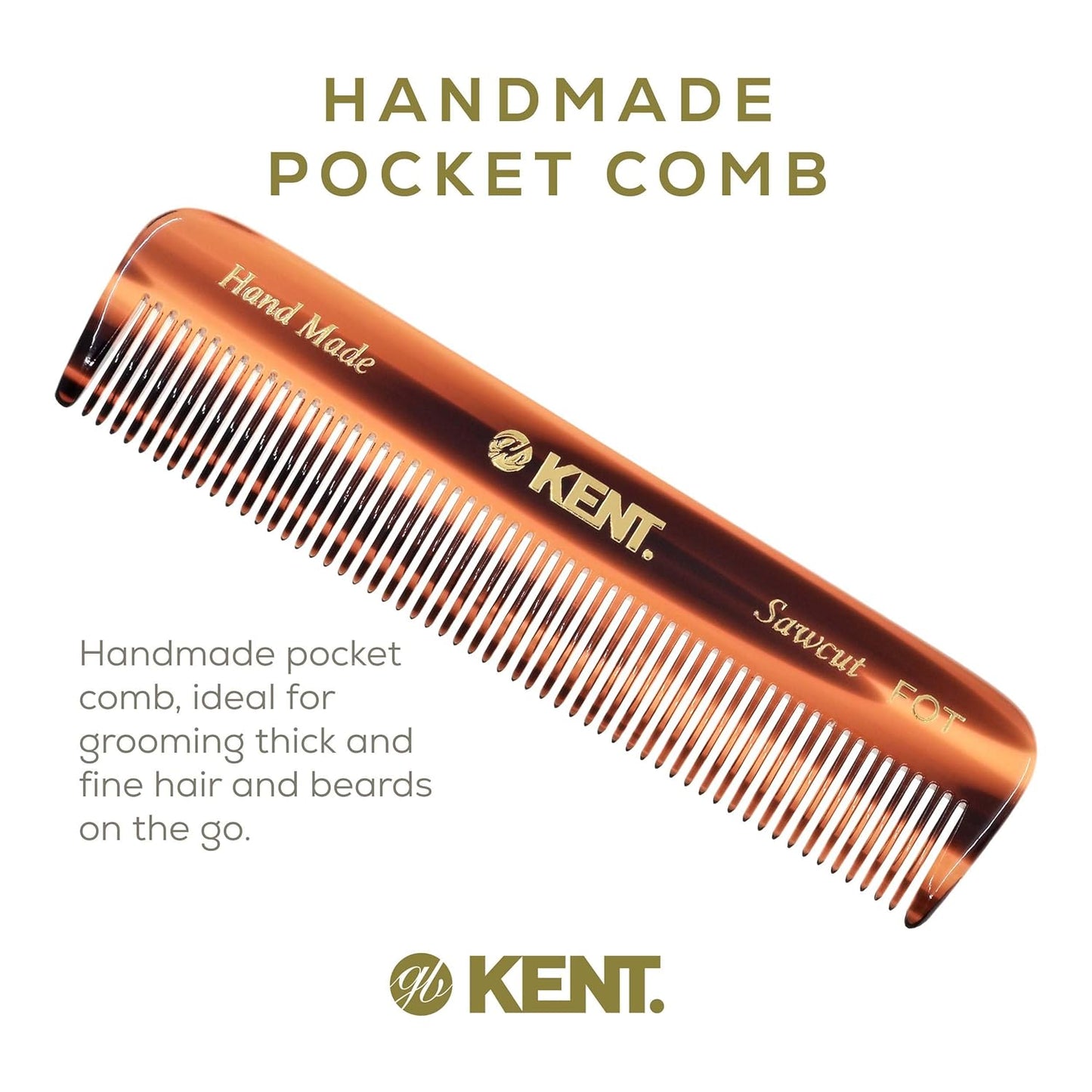 Kent A FOT Tortoise Fine Tooth Handmade Pocket Comb for Men, Women and Kids, Hair Comb Straightener for Everyday Grooming and Styling, Beard and Mustache, Saw Cut and Hand Polished, Made in England
