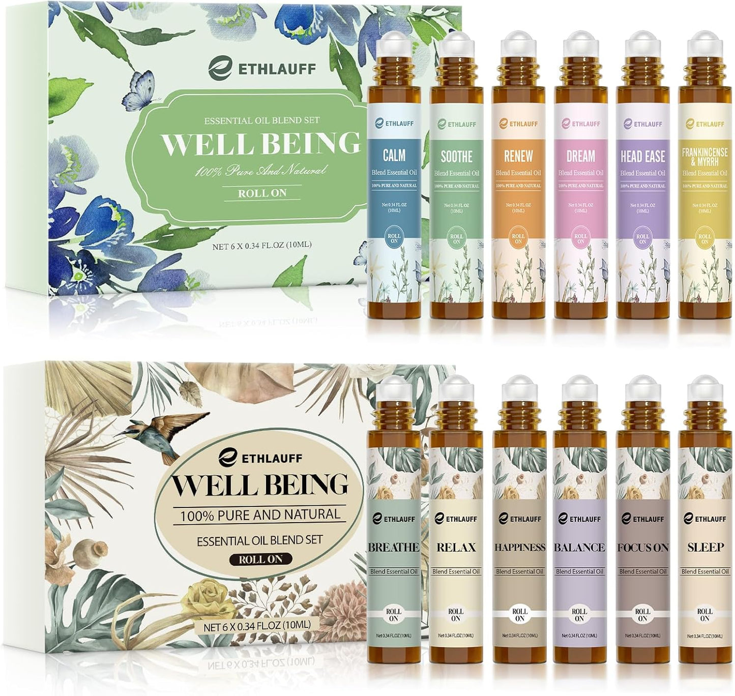 Essential Oils Roll On Set 12 Pack -(Calm, Renew, Soothe, Dream, Head Ease, Frankincense & Myrrh) Relaxation Self Care Gifts,Aromatherapy Oil with Roller Ball - Stress Relief Gifts for Women and Men