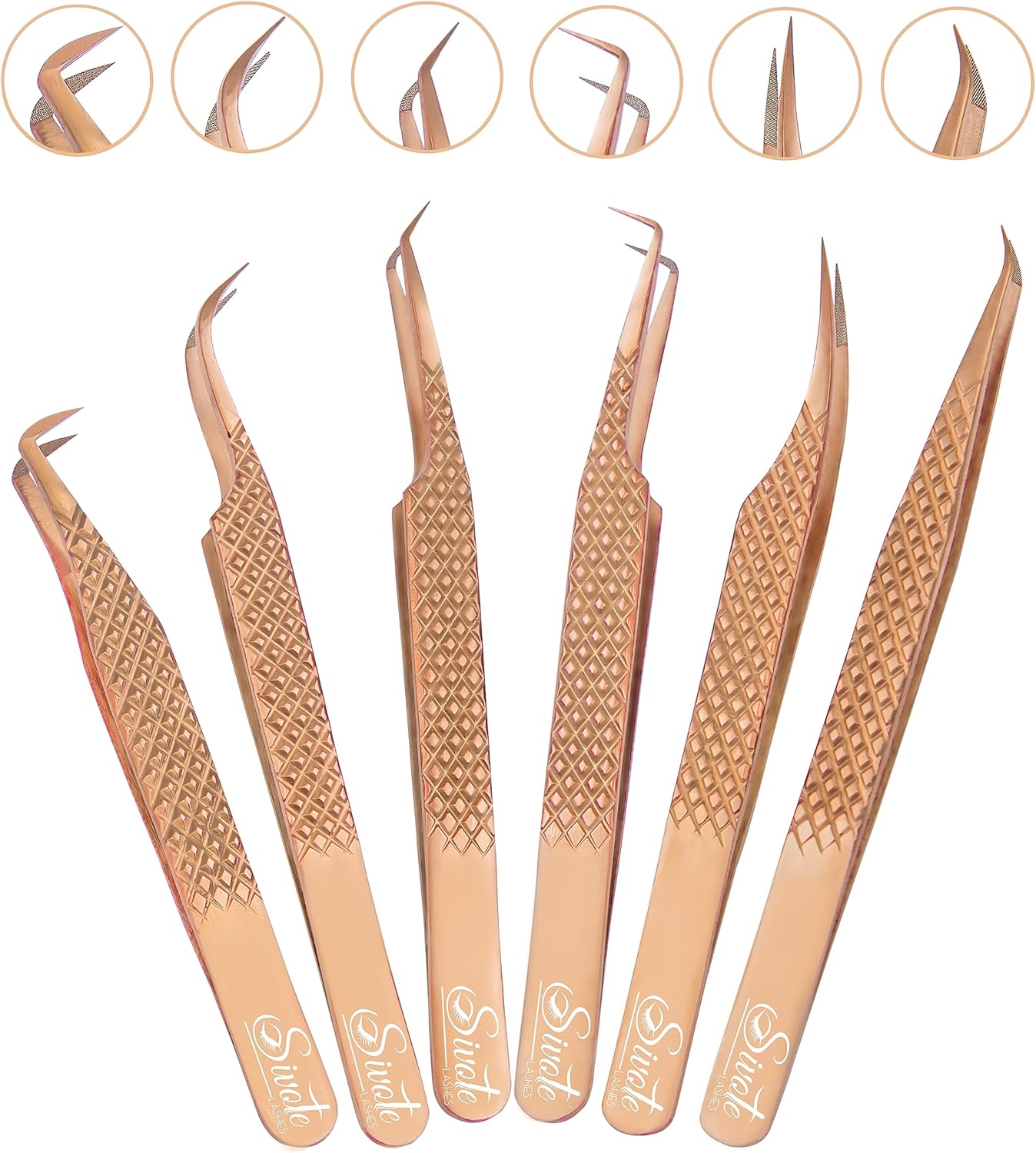 SIVOTE Eyelash Extension Tweezers Fiber Tips, Set of 6, Curved, Dolphin, 90 Degree 45 Degree, Volume Boot & Slight Curved Tweezer, Rose Gold