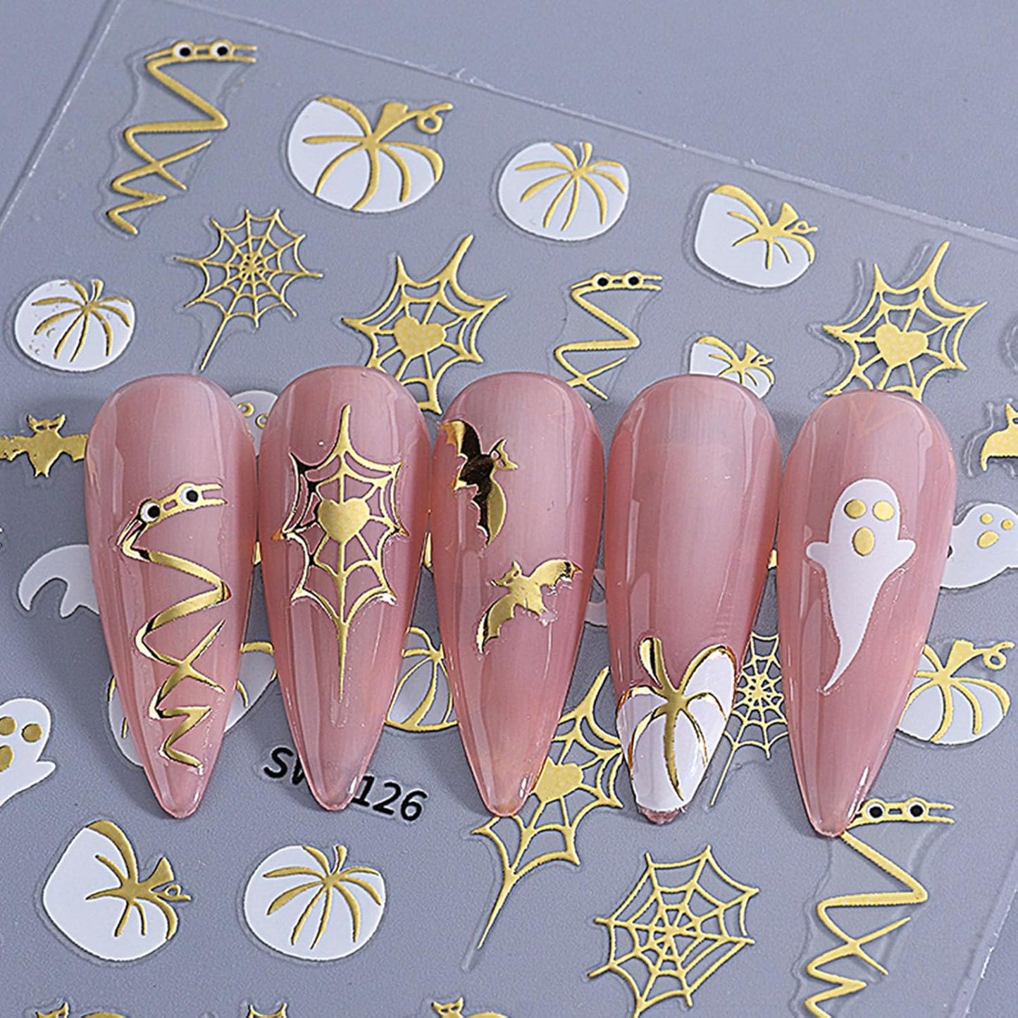 4 Sheets Halloween Nail Stickers Gold Silver Black Nail Art Stickers Pumpkin Maple Leaves Self Adhesive Nail Decals Spider Web Bat Ghost Leaves Design Nail Art Sticker Decoration for Women Girls