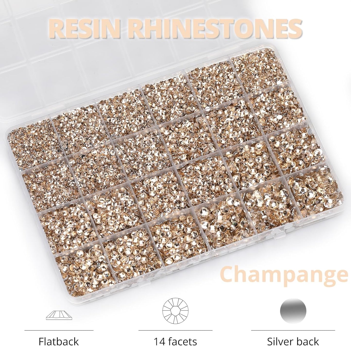 30000Pcs Resin Rhinestones Set for Crafting Bedazzling, Champagne Flatback Gems Jewels for Crafts Clothes Shoes Fabric Outfit Nails Makeup, Flat Back Crystal 2-6mm with b 7000 Glue