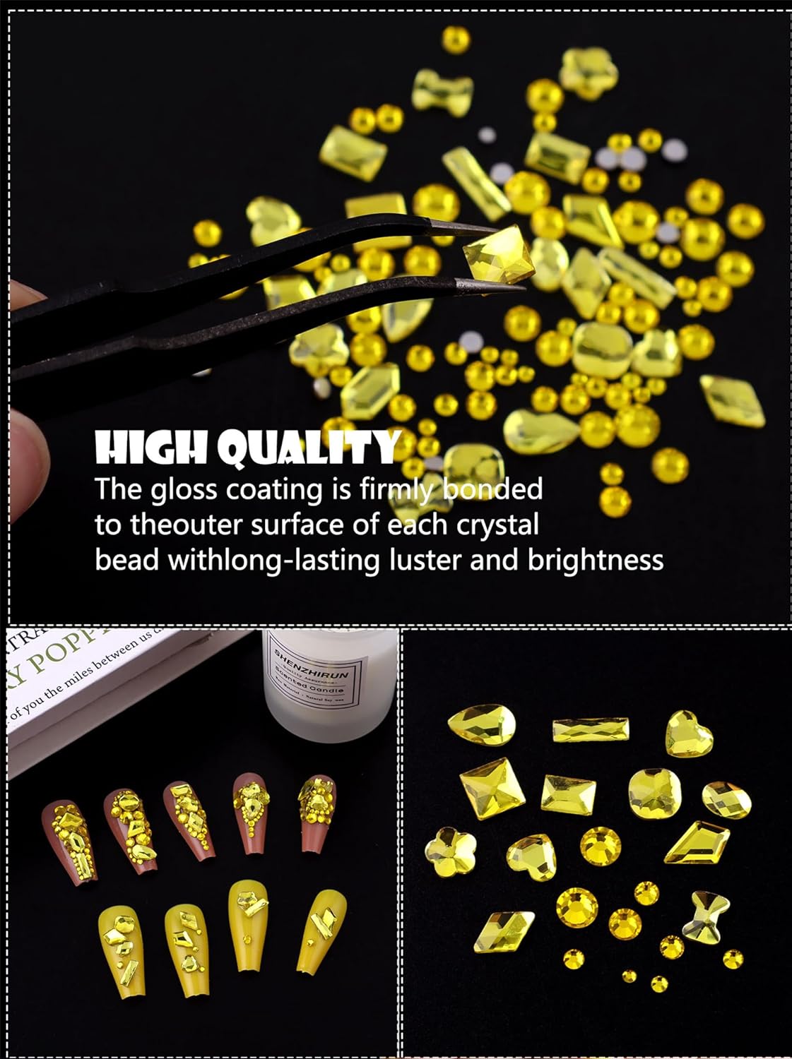 3100Pcs Professional Nail Art Rhinestones Kit for Nail,Mix 20 Styles Flatback Rhinestone,600 Diamonds + 2500 Round Beads, 3D Flat Back Gemstones for Nail DIY Crafts with Tweezers Pen(Lemon Yellow)