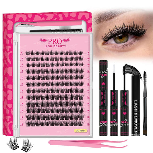 PROLASHBEAUTY Lash Clusters Kit 3D Volume Plushy Eyelash Clusters Kit Ultra Thin Band Soft Clusters Lashes Kit with Waterproof Lash Bond and Seal Remover (Attraction-3D, 8-16mix)