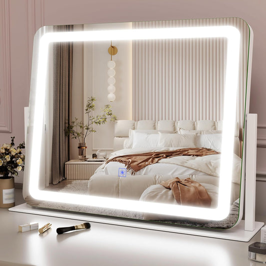 22x17 Inch Lighted Vanity Mirror with Dimmable LED Lights - 3 Color Modes, Smart Touch Control & 360° Rotating Base - Desk Makeup Mirror (White)
