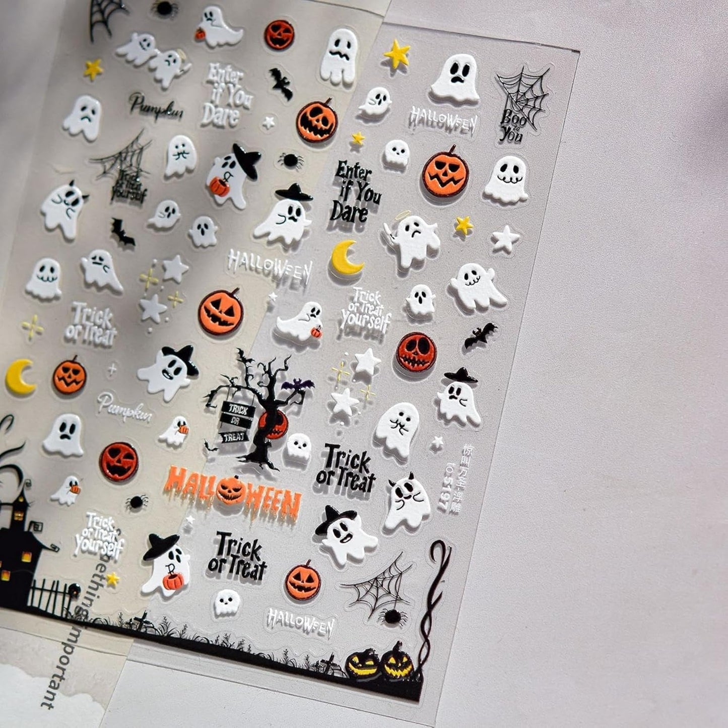 1 Sheet Halloween Nail Stickers 3D Self-Adhesive Cute Ghost Haunted House Nail Art Stickers Pumpkin Spider Web Nail Decals Moon Star Nail Designs Holiday Nail Art Decoration for Women Girls Manicure