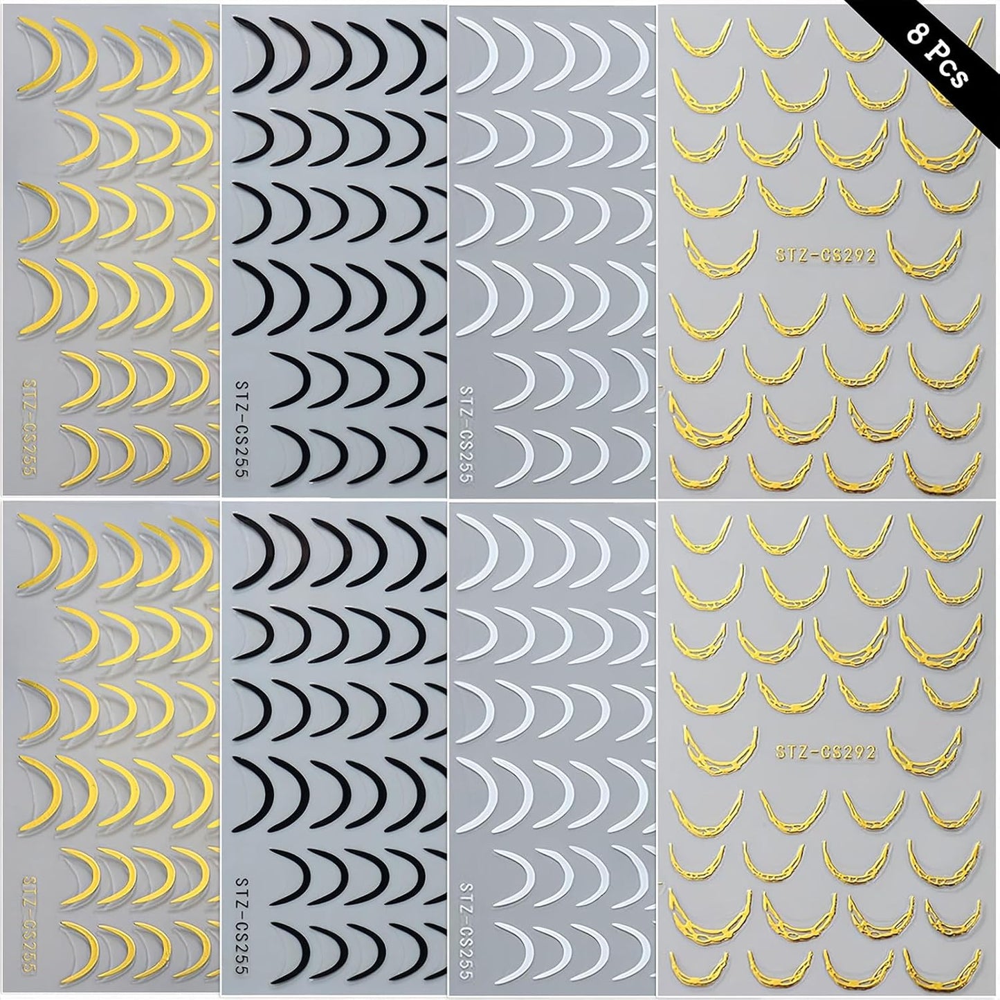 350 Pcs French Tips Nail Stickers, 8 Sheets 3D Self-Adhesive Classic Gold Silver Black Rose Gold French Tip Nail Designs for Short Nails Gel Polish