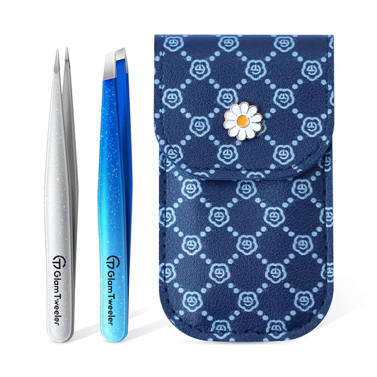 Expert Slant and Point Tip Tweezer Set with Exclusive Storage & Carrying Case, GlamTweeler Sharp & Precision Tweezer Set for Eyebrows, Facial Hairs & Fine Hairs Removal (Sparkle Royal Blue + Silver)