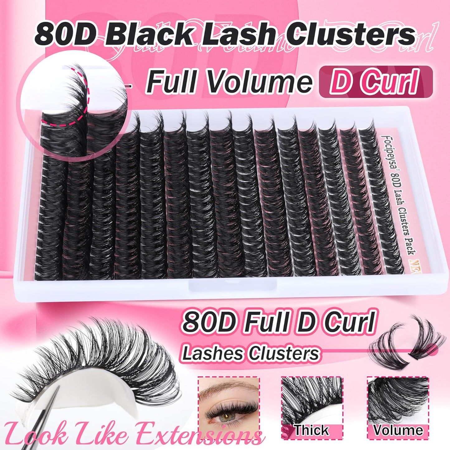 DIY Lash Extension Kit 300pcs Individual Lashes Cluster 80D D Curl Eyelash Extension Kit Lash Clusters with Lash Applicator Tool for Self Application by Focipeysa (80D-0.07D-8-18MIX)