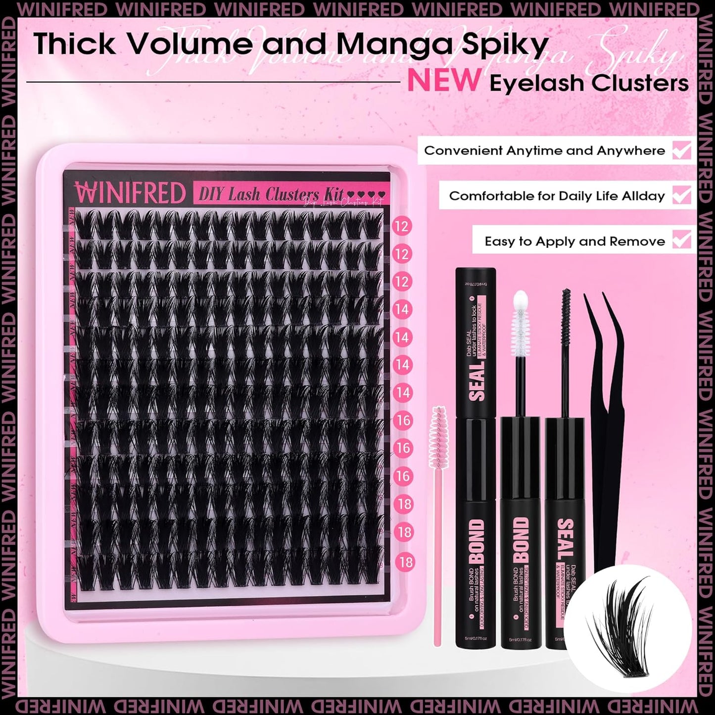 Winifred Wispy Lash Clusters Kit Lash Extension Kit Eyelash Clusters 10-18mm Natural Volume Cluster Eyelash Extensions DIY Individual Lashes Kit Lash Bond and Seal Lash Tweezers Brushes