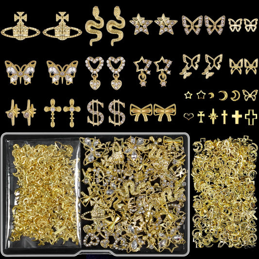 Artdone Nail Art Studs Kit, 3D Gold Cross Nail Charms and Diamond Butterfly Gems Bulk Nail Jewels Shiny Star and Moon for DIY Professional Manicures Decoration