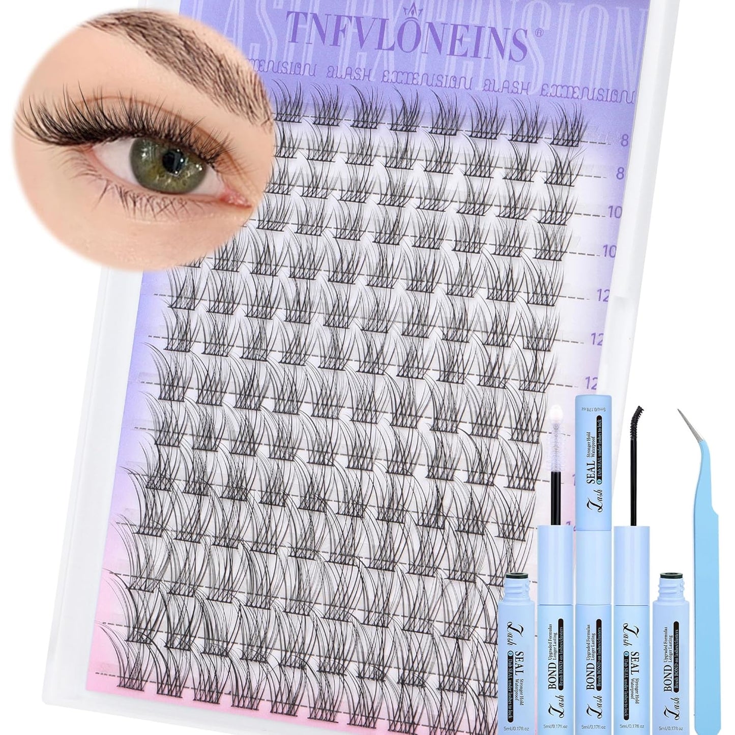 TNFVLONEINS Lash Clusters Kit Natural Eyelash Extension Kit Wispy Lash Extension Kit Soft Cluster Eyelash Extensions Individual Lashes Kit DIY Eyelash Clusters Kit with Bond and Seal and Tweezers