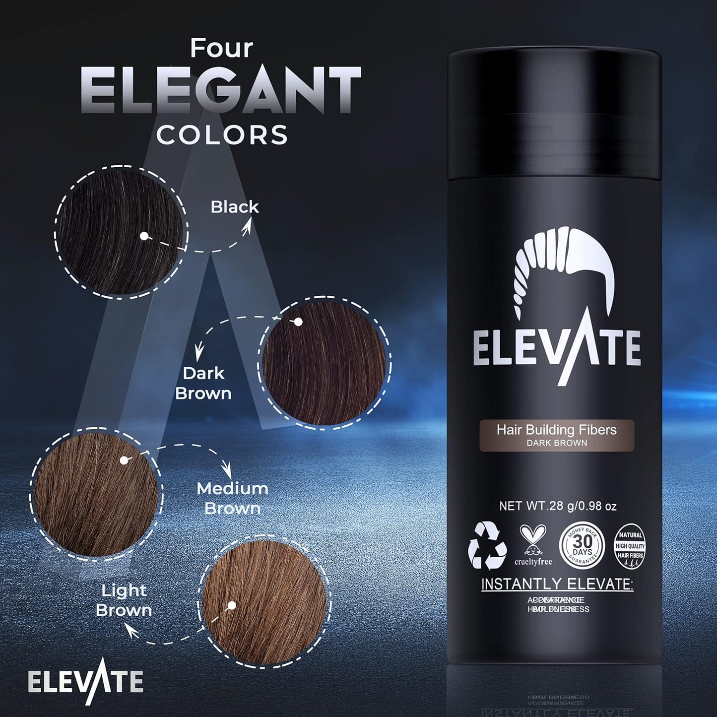 ELEVATE Hair Fibers for Thinning Hair Large Size 40g Bottle - 100% Natural Undetectable Keratin Fibers to Instantly Fill in Thinning Balding Loss Area Fuller in 30 Seconds Men & Women (Dark Brown)