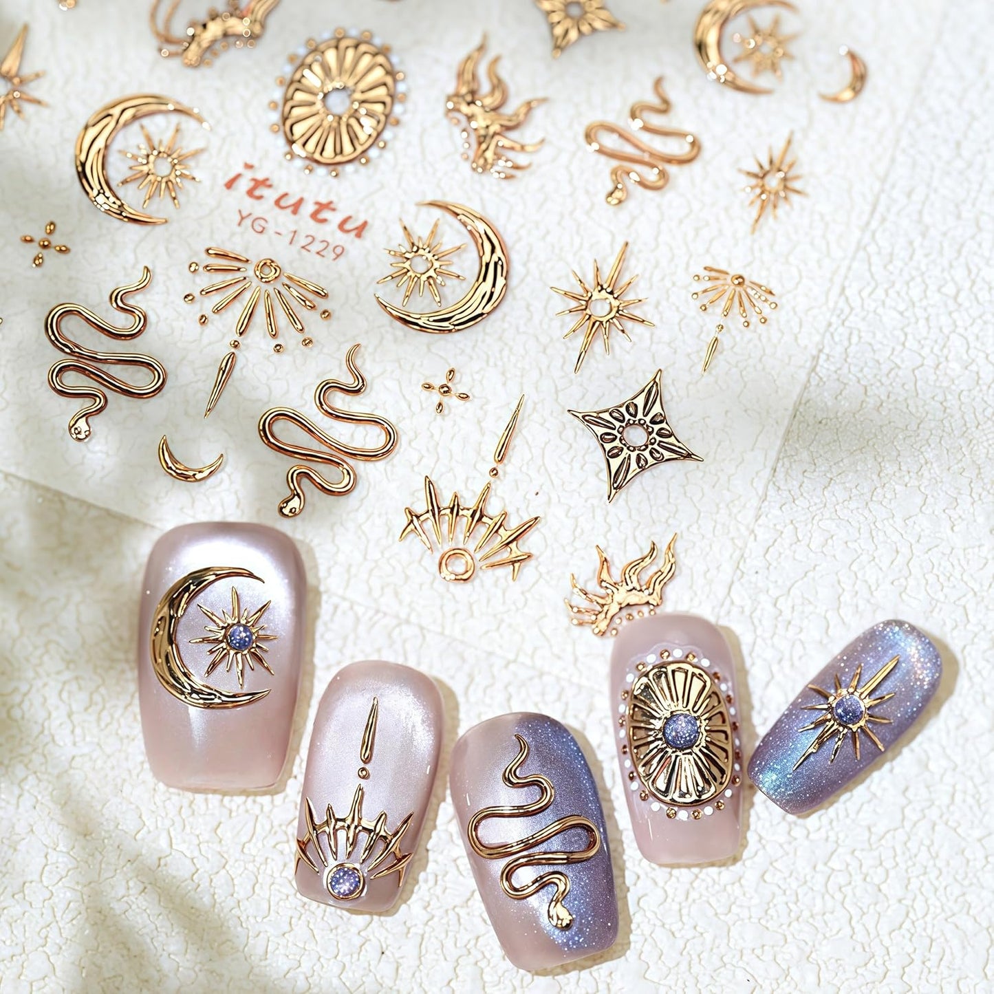 2 Sheets 5D Gold Star Nail Stickers for Nail Art Gold Silver Snake Nail Decals 5D Self-Adhesive Embossed Bronzing Stars Moon Nail Supplies Flame Retro Exquisite Nails Design for Women DIY Nail Decor