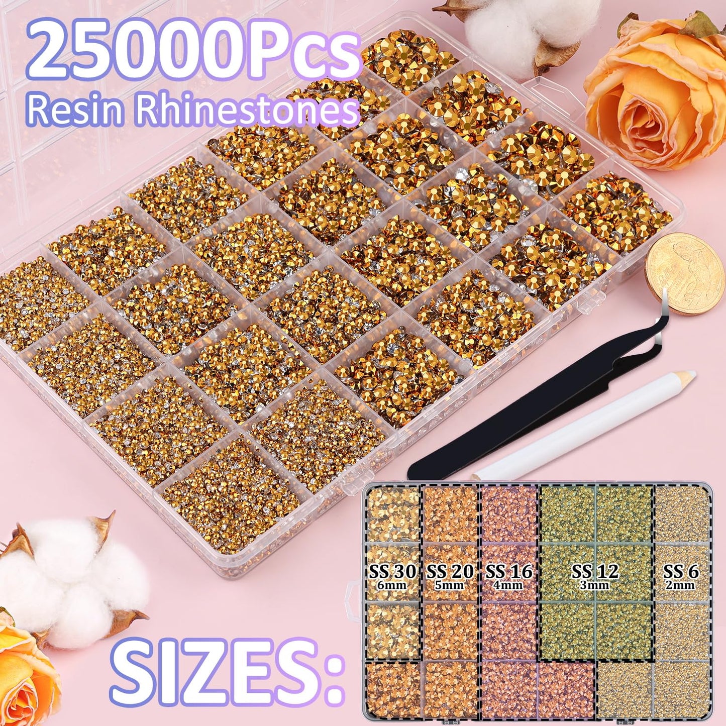 25000Pcs Resin Rhinestones with Tweezers for Crafting, Gold Flatback Gems, Bedazzling Crystal with 3Pcs 10ml B7000 Jewelry Glue for DIY Crafts Clothing Tumblers Shoes Fabric Nail Art