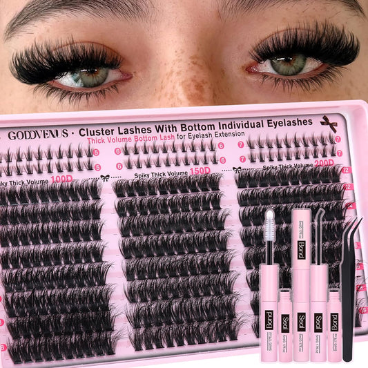 Fluffy Lash Clusters Kit Volume Cluster Eyelash Extensions Kit D Curl Waterproof Eyelash Clusters 240pcs Individual Lashes Full Faux Mink Cluster Lashes and 60pcs Bottom Lashes for DIY Lash Extension