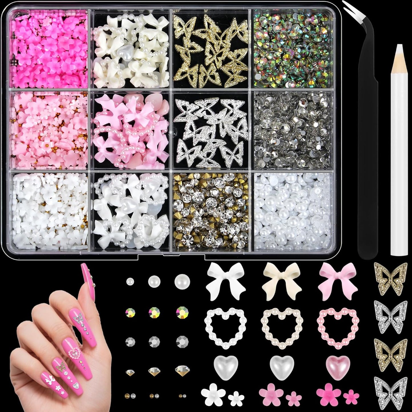 Artdone Nail Art Studs Kit, 12 grids 8 Colors 3D Charms and Pink Mix White Flower Heart Diamond Butterfly Cute Nail Jewels for DIY Decoration with Pickup Tools