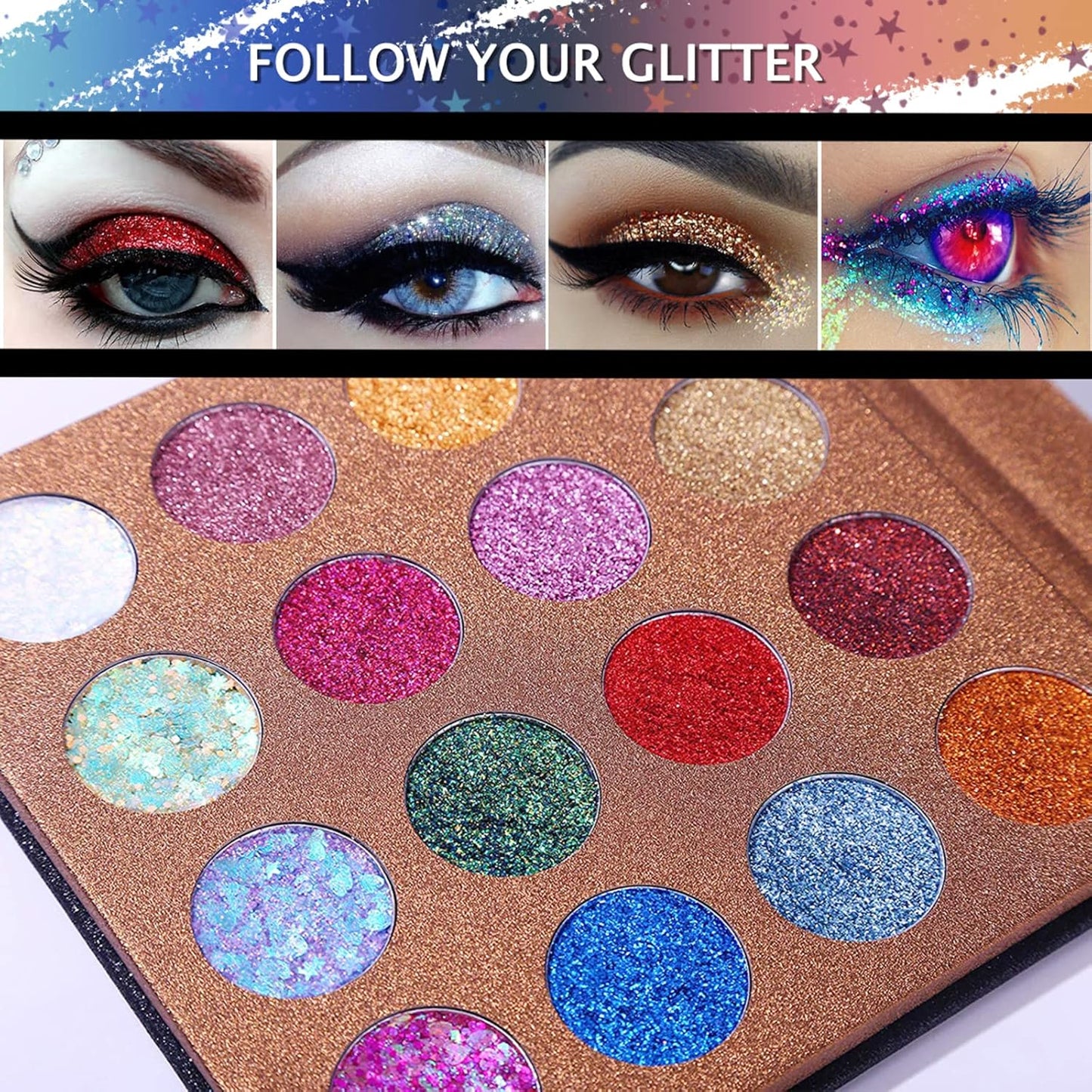 UCANBE Pro Glitter Eyeshadow Palette - Professional 16 Colors - Chunky & Fine Pressed Glitter Eye Shadow Powder Makeup Pallet Highly Pigmented Ultra Shimmer for Face Body