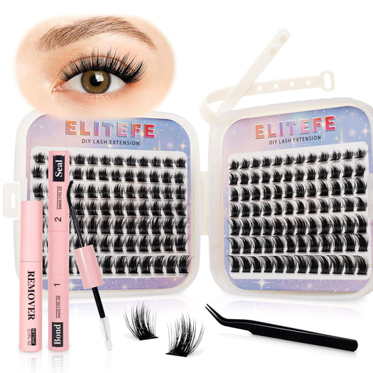 Lash Extension Kit DIY Lash Clusters Kit Eyelash Extensions Individual Lashes Extensions with (Bond,Seal,Tweezers,Remover,168Pcs,Nocturne,8-16)