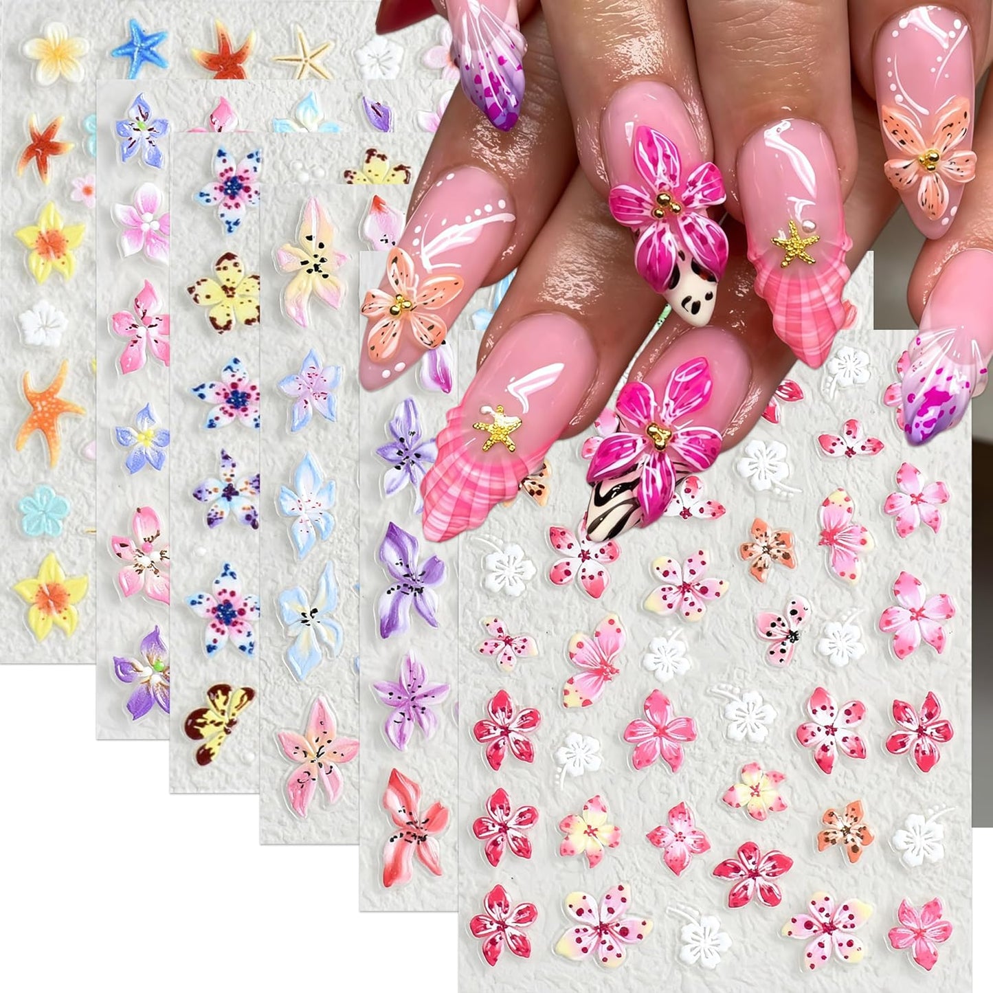 6Sheets Colorful Flower Nail Art Stickers 5D Micro Embossed Hawaiian Flowers Nail Decals Lily Hibiscus Floral Nail Design Tropical Flower Manicure Supplies Summer Floral Nail Accessories for Women