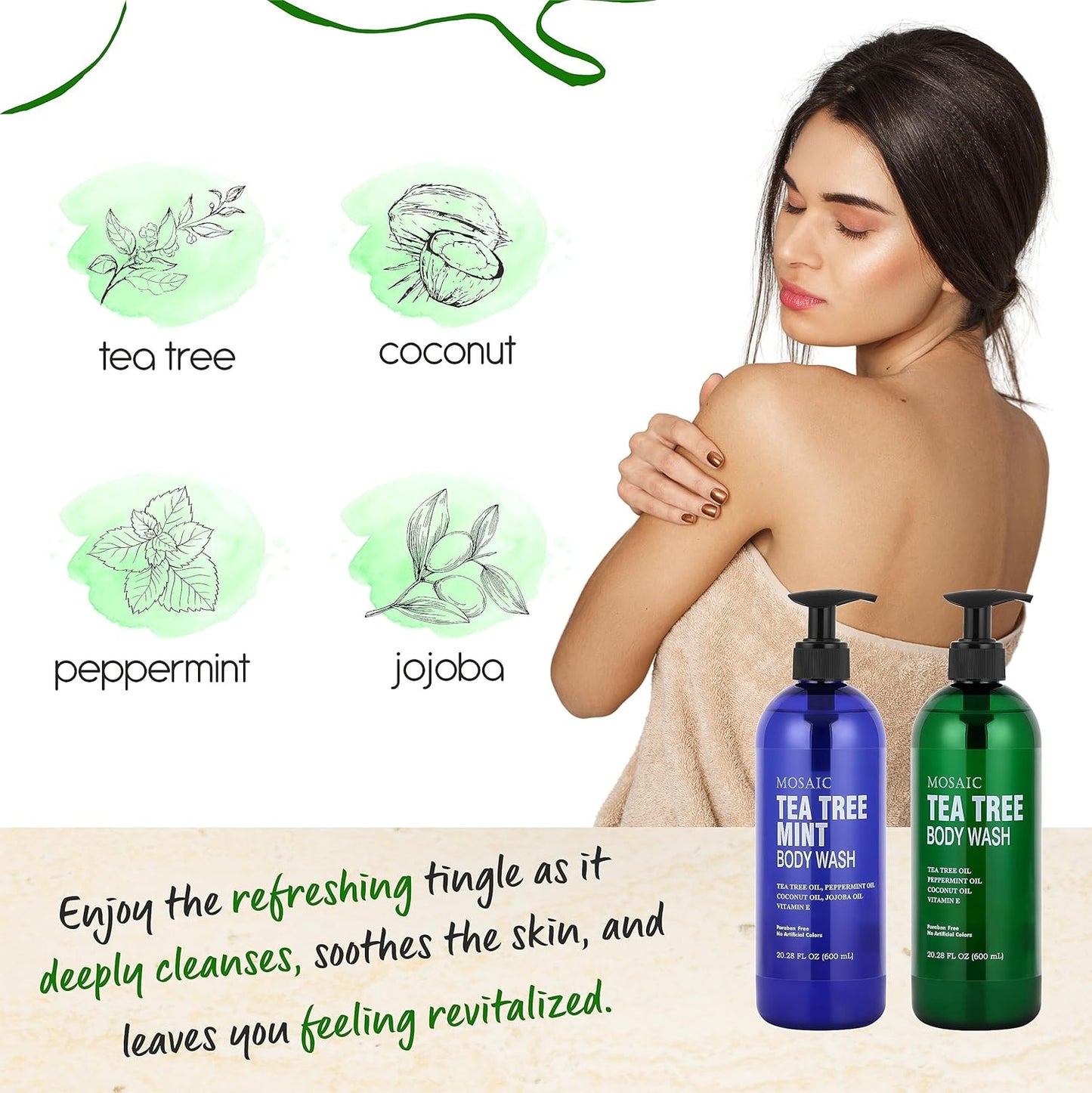 Tea Tree Body Wash with Mint & Shower Gel with Vitamin E for Jock Itch, Eczema, Ringworm, Body Odor, Body Wash Women & Men with Added Body Oils,LARGE 20.2 FL Oz Bottle (Tea Tree Mint, Pack of 2)