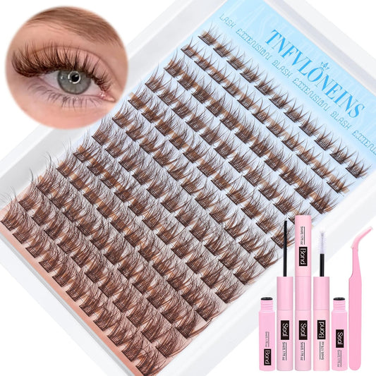 Brown Lash Clusters Kit Natural Eyelash Clusters Fluffy Lash Extension Kit Wispy Eyelash Extension Kit Matte Brown Cluster Eyelash Extensions 8-16mm Individual Lashes Clusters by TNFVLONEINS