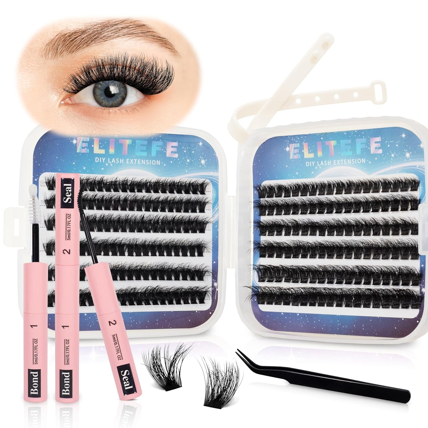 Lash Extension Kit DIY Lash Clusters Kit Eyelash Extensions Individual Lashes Extensions with (Lash Bond,Seal,Tweezers,240Pcs,80D+100D,10-18mm)