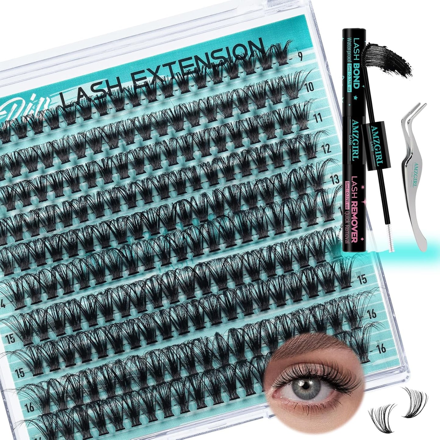 Lash Clusters Kit 200pcs, Eyelash Extension Kit 80D D Curl Diy Cluster Eyelashes Extensions Lash Bond and Remover Waterproof Lash Applicator Tools for 9-16mm Mix Lashes Beginner Self Use at home