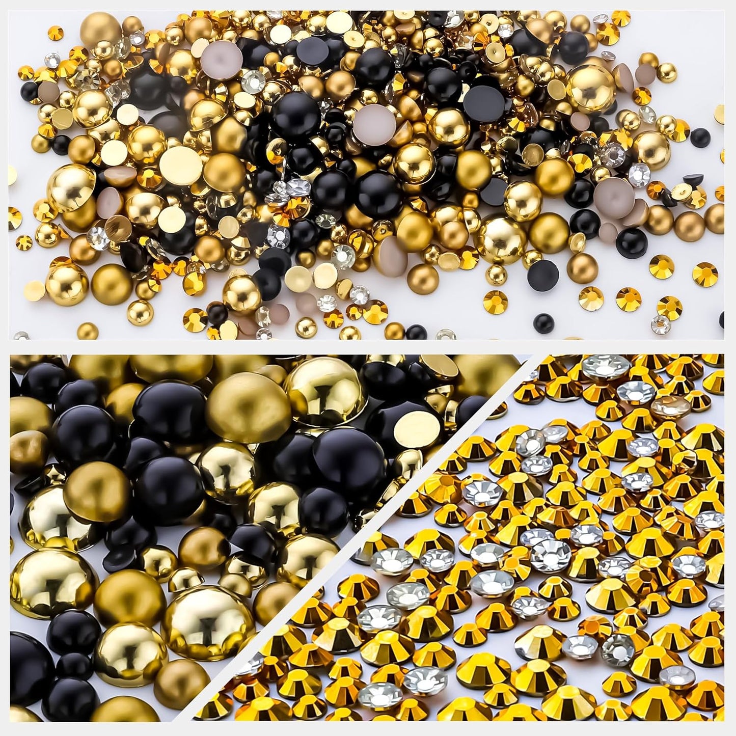 60g Gold Black Pearls Rhinestones for Crafts Mixed Size 3mm-10mm AB Color Round Half Pearls Flatback Pearl Beads and Resin Rhinestones Set for Face Art with Glue