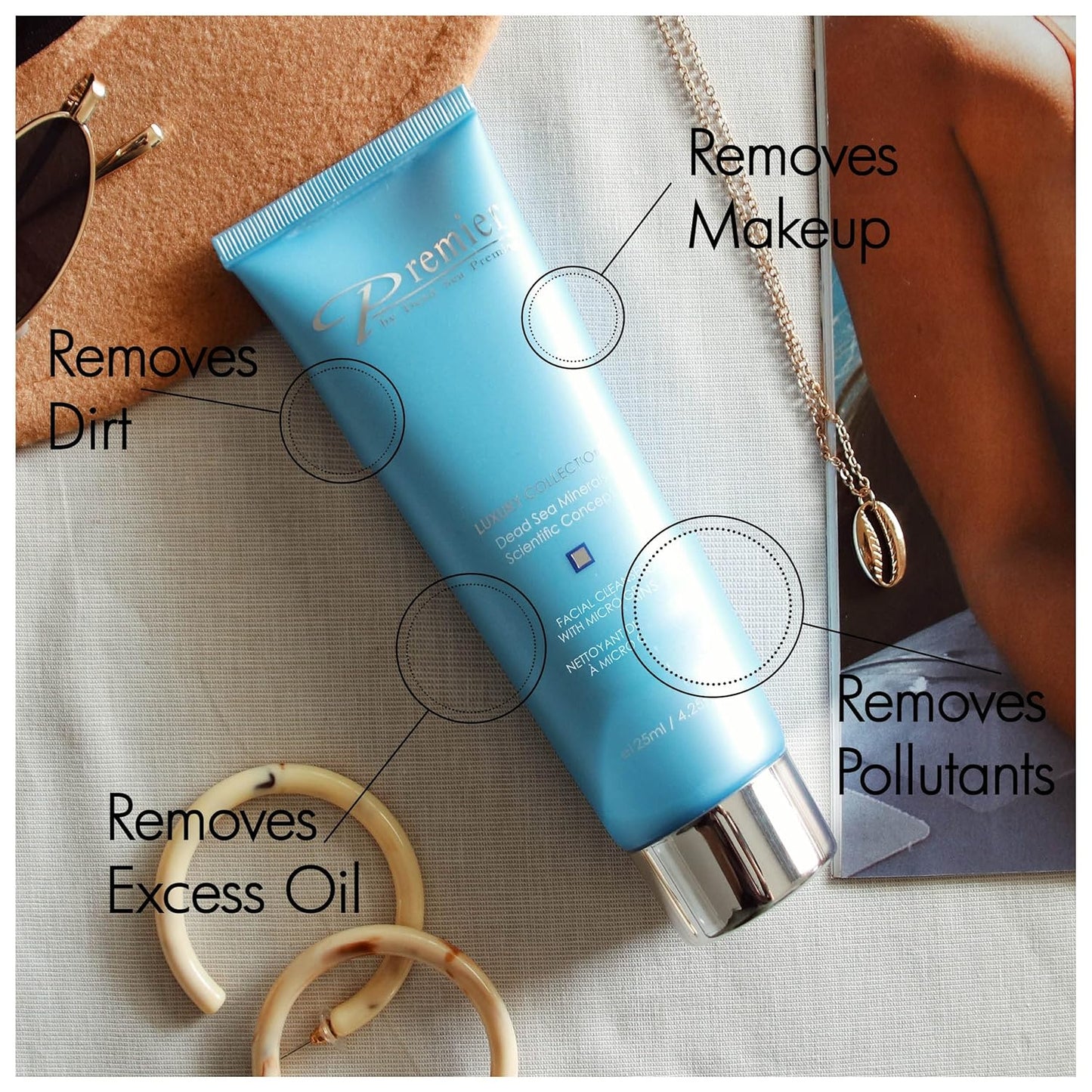 Premier Dead Sea Facial Cleanser with Micro Grains, Luxury collection foaming face wash, daily use skin care, nondrying, anti-aging Skin Care with aloe vera, witch hazel, Dermatologist Tested 4.4fl oz