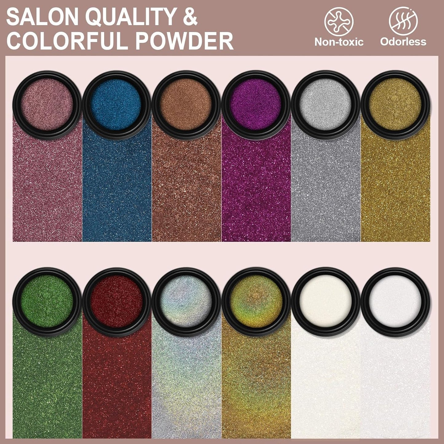 Artdone 12 Jars Chrome Nail Powder Magic White Pearl Kit Mirror Effect Silver Metallic Holographic Dip Nail Powder For Resin Craft & Nail Art Fimo, Decoration Iridescent Aurora Mermaid Pigment