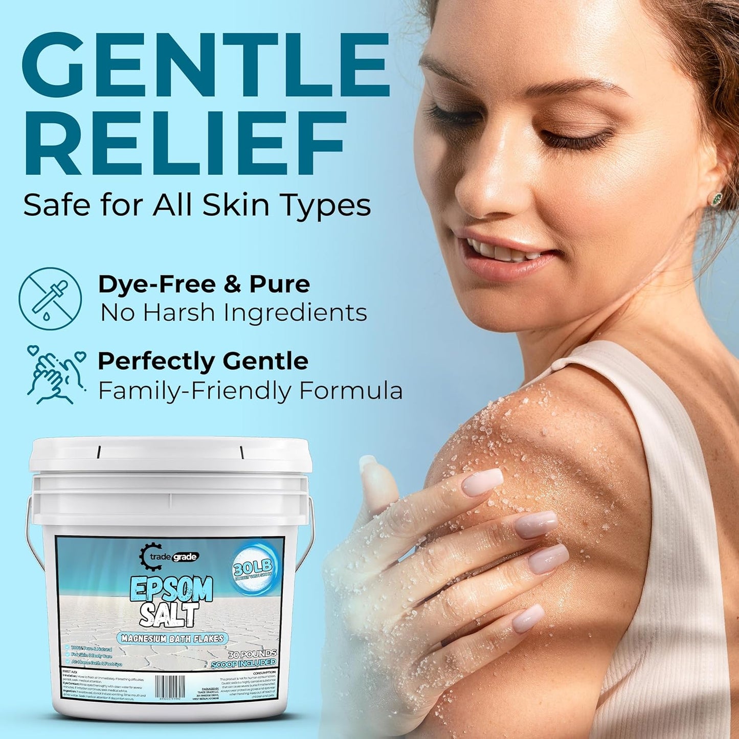 Epsom Salt Bath Soak 30 lb Bucket – Unscented, Pure Epsom Salt Bulk Crystals, Magnesium Sulfate for Full Body or Foot Soaks, Resealable Container with Scoop for Home Bath Use