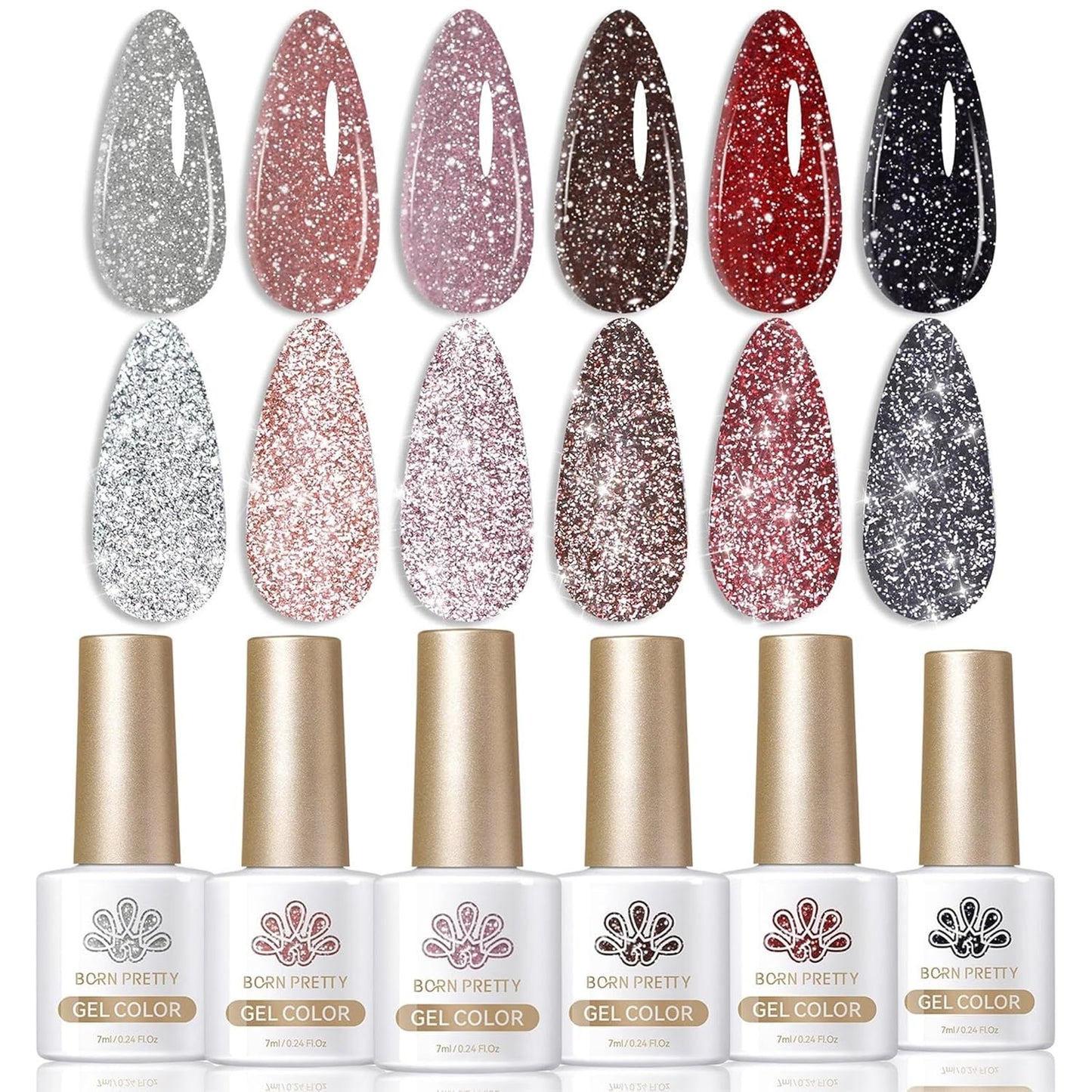 Born Pretty Reflective Red Glitter Gel Polish Christmas Glitter Gel Polish Sparkly Shiny Disco DJ LED Nail Polish Varnish Silver Red Black Colors Collection 6PCS 7ML