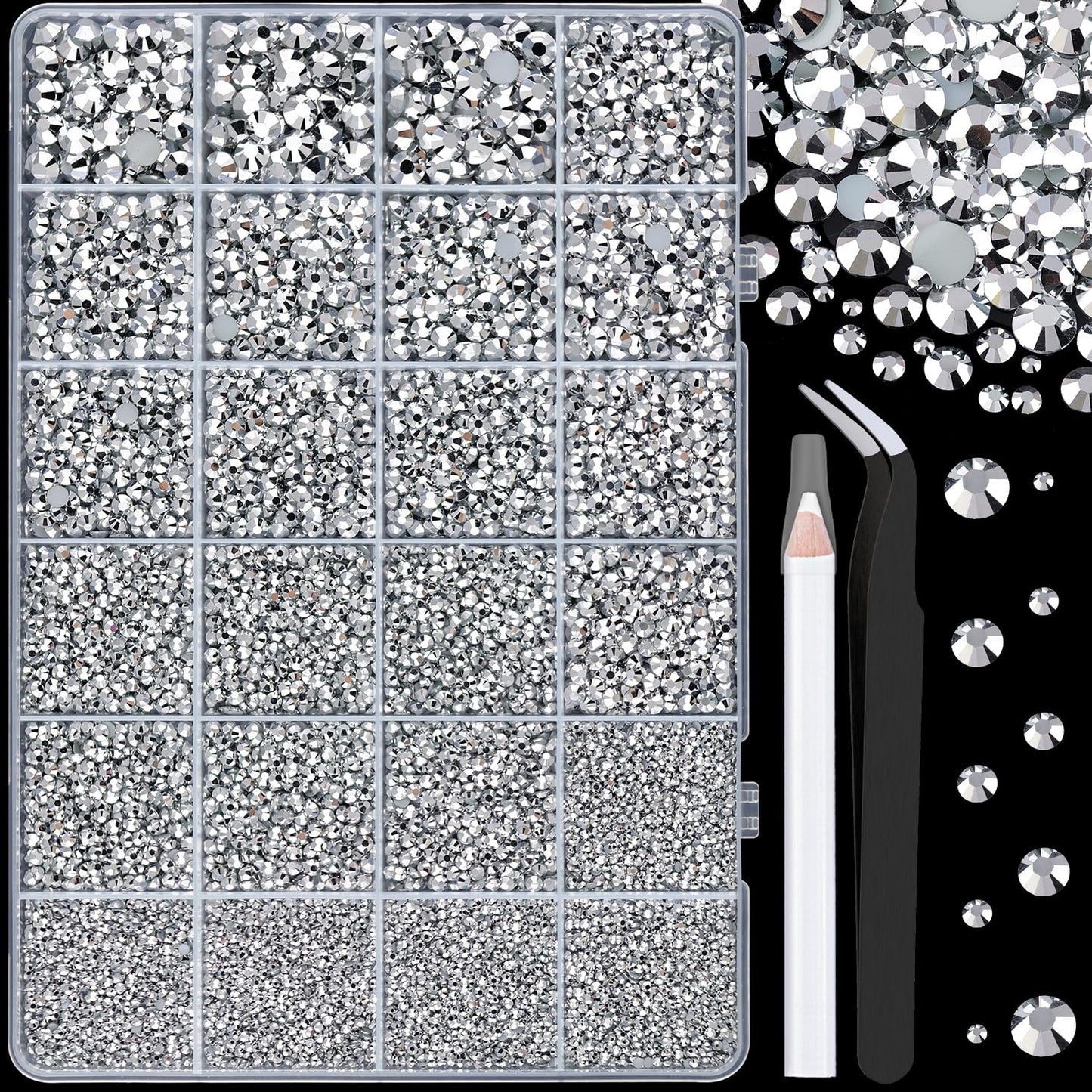 25000Pcs Resin Rhinestones with Tweezers for Crafting, Silver 2-6mm Mixed Sizes Non Hotfix Flatback Gems, Bedazzling Crystal for DIY Craft Clothing Mugs Tumblers Shoes Fabric Decor Nail Art