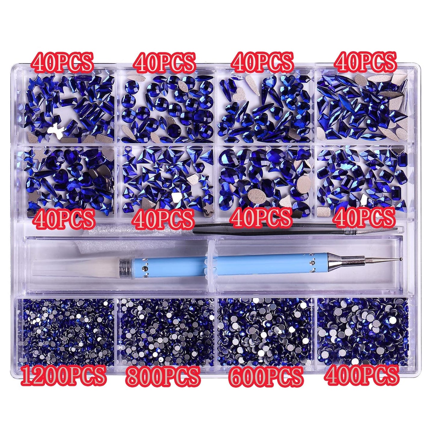3320Pcs Sapphire Nail Art Rhinestones Crystal,3D Rhinestones Gems Jewels Diamond,24 Types of 320 Diamonds + 3000 Round Beads, Crystals 3D Flat Back Gemstones for Nail DIY Crafts with Tweezers Pen