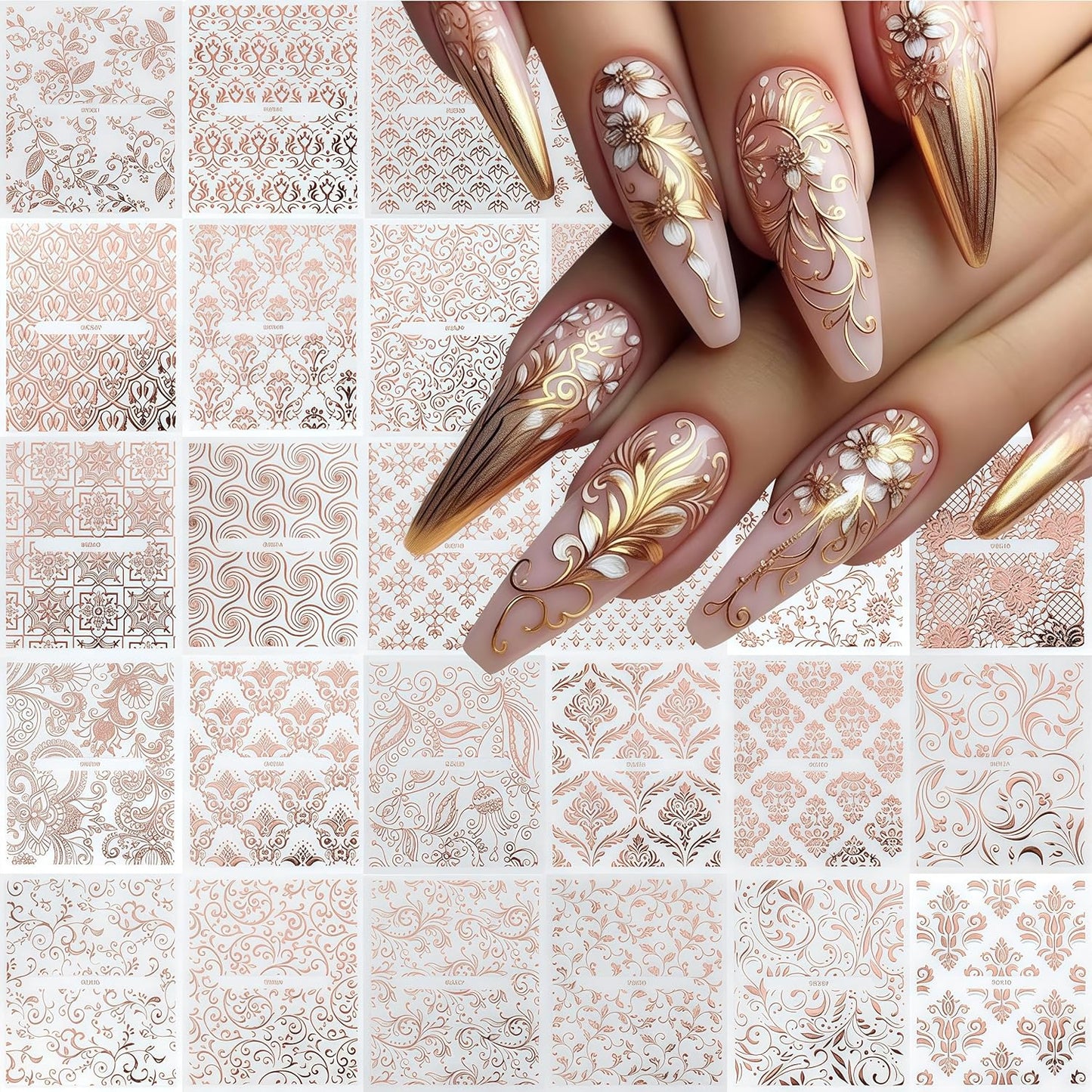 30 Sheets Lace Flower Nail Art Sticker 3D Self-Adhesive Hollow Rose Golden Lace Floral Vine Decals Irregular Geometric Manicure Sliders for Spring Summer Women Acrylic Nail Decorations